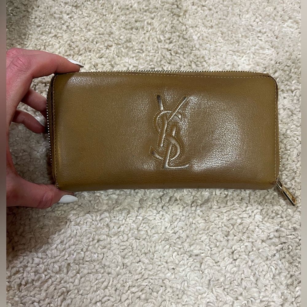 YSL Tan Leather Logo Wallet Zip around style